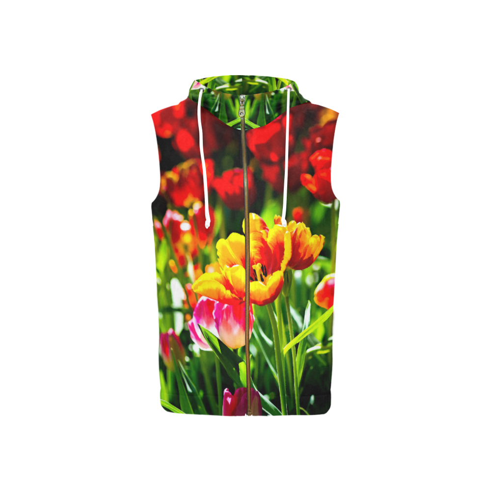 Tulip Flower Colorful Beautiful Spring Floral All Over Print Sleeveless Zip Up Hoodie for Women (Model H16)