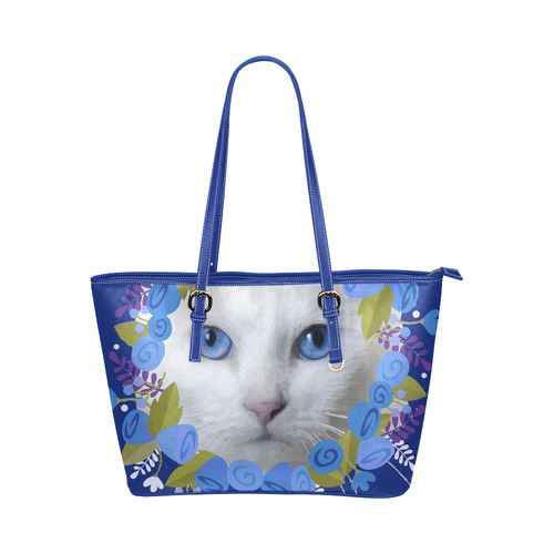 Beautiful Cat Blue Eyes Floral Watercolor Leather Tote Bag/Large (Model 1651)