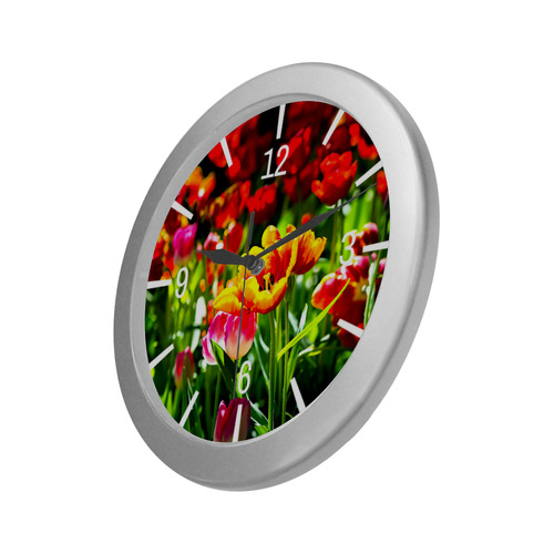 Colorful tulip flowers positive spring floral scene Silver Color Wall Clock
