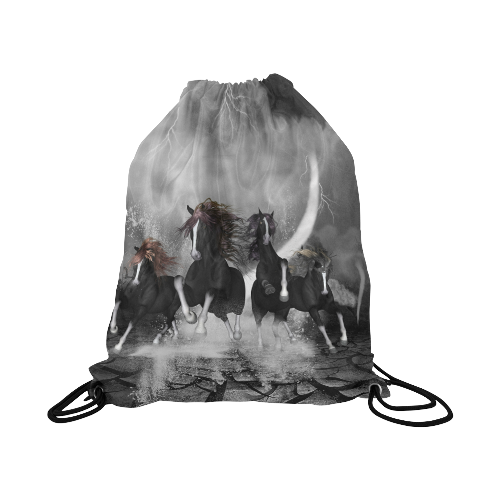 Awesome running black horses Large Drawstring Bag Model 1604 (Twin Sides)  16.5"(W) * 19.3"(H)