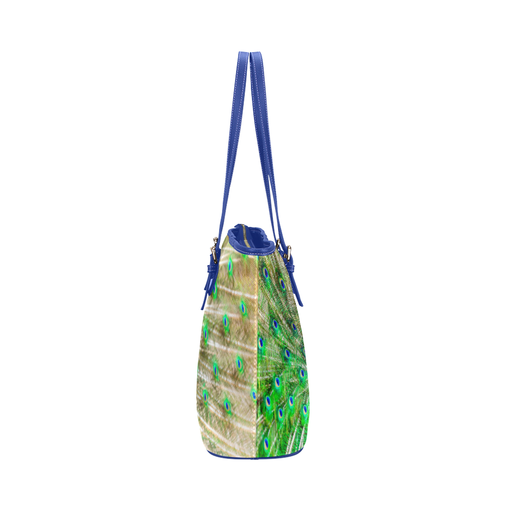 Peacock Blue Green Feathers Bird Nature Leather Tote Bag/Small (Model 1651)