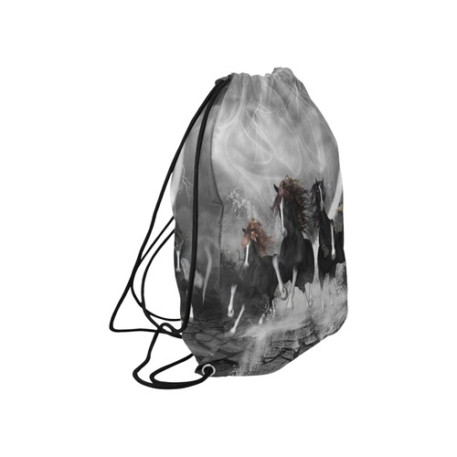 Awesome running black horses Large Drawstring Bag Model 1604 (Twin Sides)  16.5"(W) * 19.3"(H)