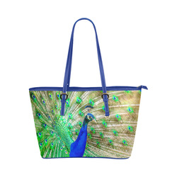 Peacock Blue Green Feathers Bird Nature Leather Tote Bag/Large (Model 1651)