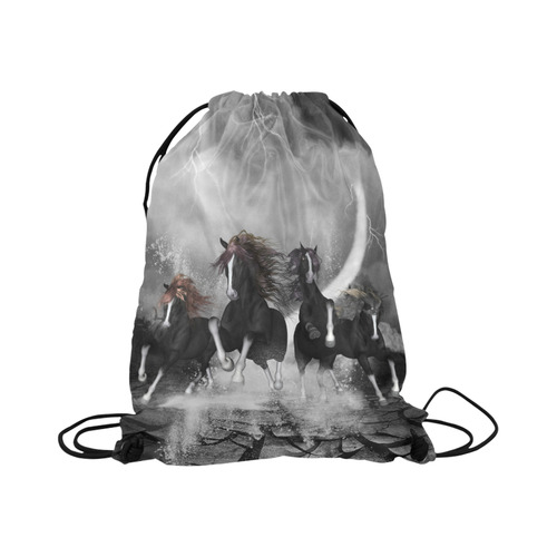 Awesome running black horses Large Drawstring Bag Model 1604 (Twin Sides)  16.5"(W) * 19.3"(H)