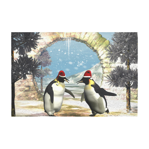 Funny penguins with christmas hat Cotton Linen Tablecloth 60" x 90"