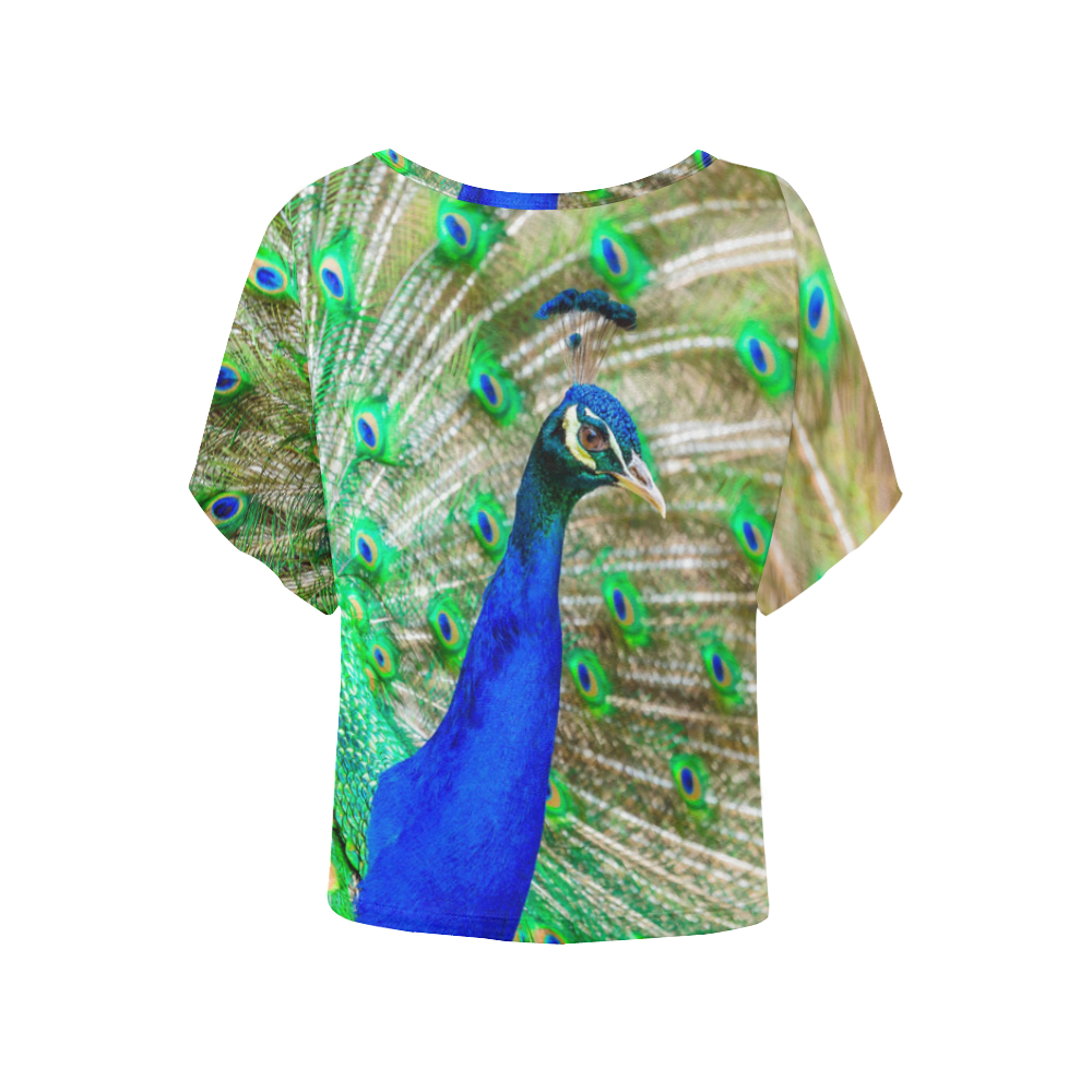 Peacock Blue Green Feathers Bird Nature Women's Batwing-Sleeved Blouse T shirt (Model T44)