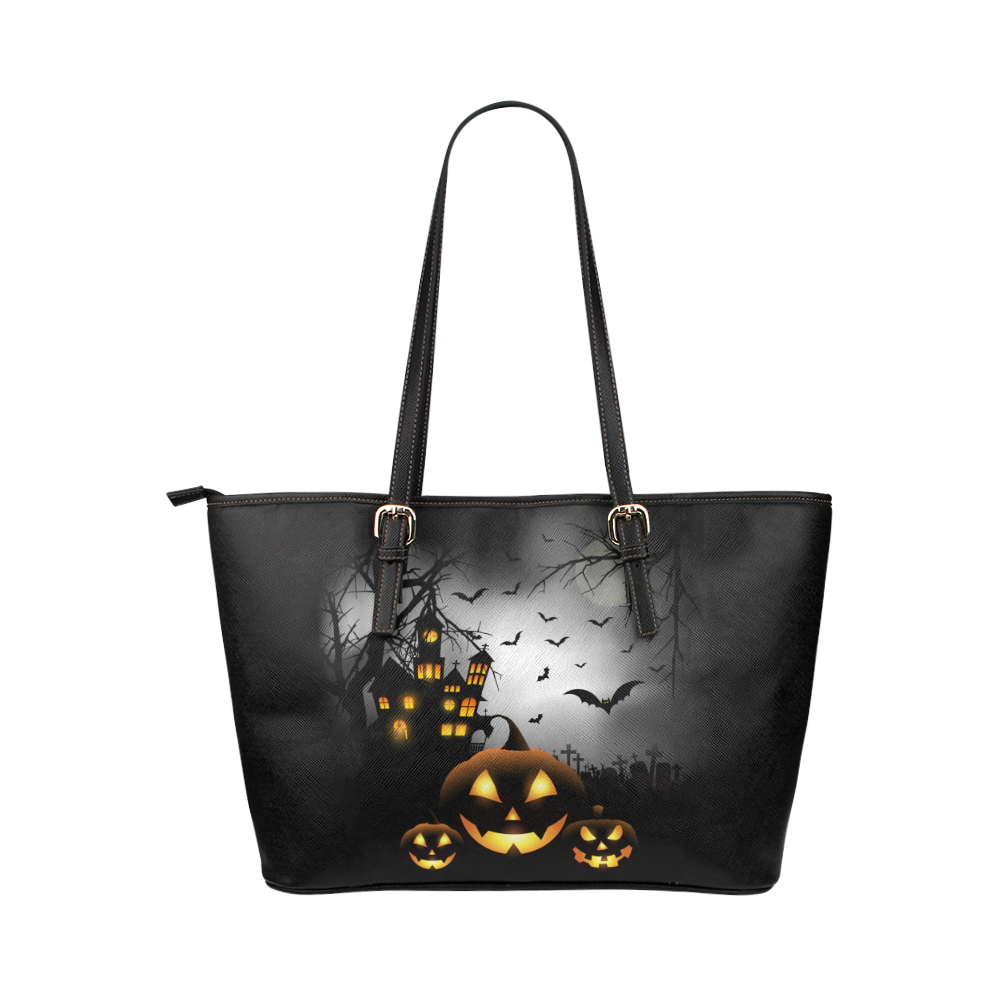 Spooky Halloween Pumpkins Haunted House Leather Tote Bag/Large (Model 1651)