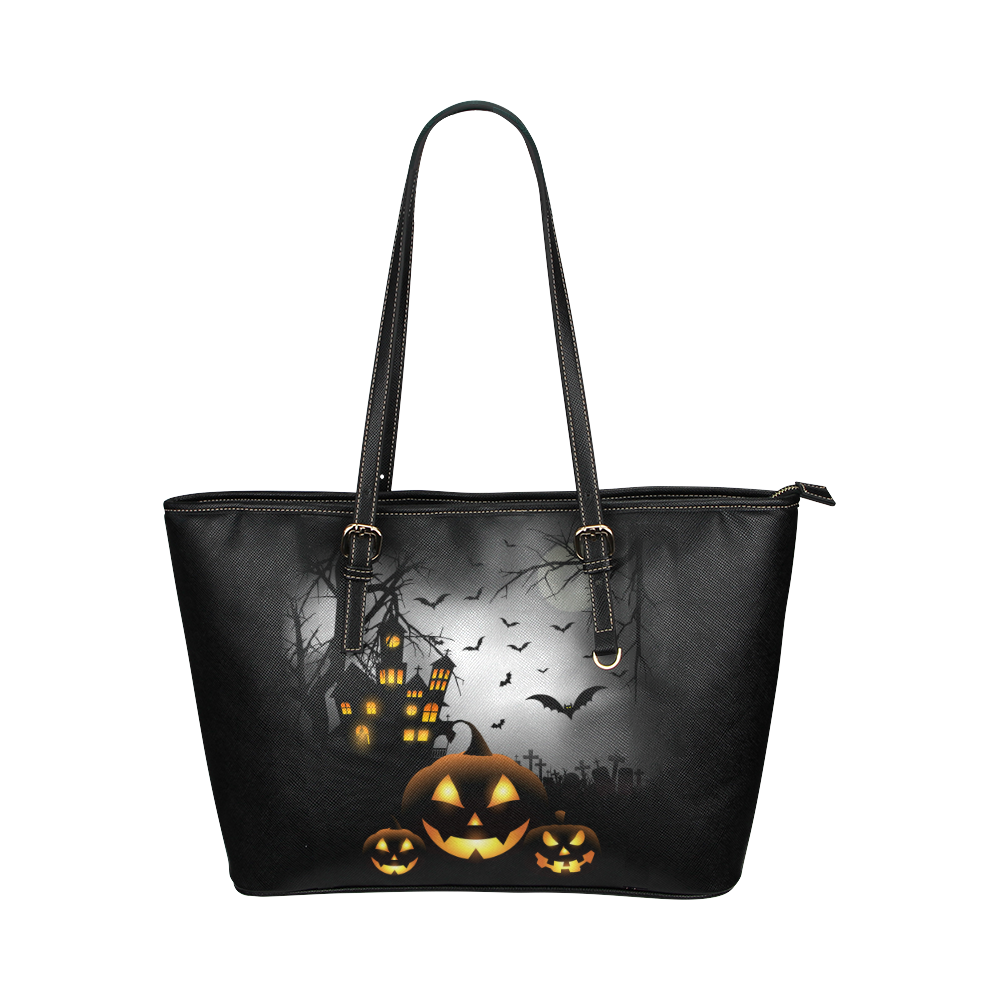 Spooky Halloween Pumpkins Haunted House Leather Tote Bag/Large (Model 1651)