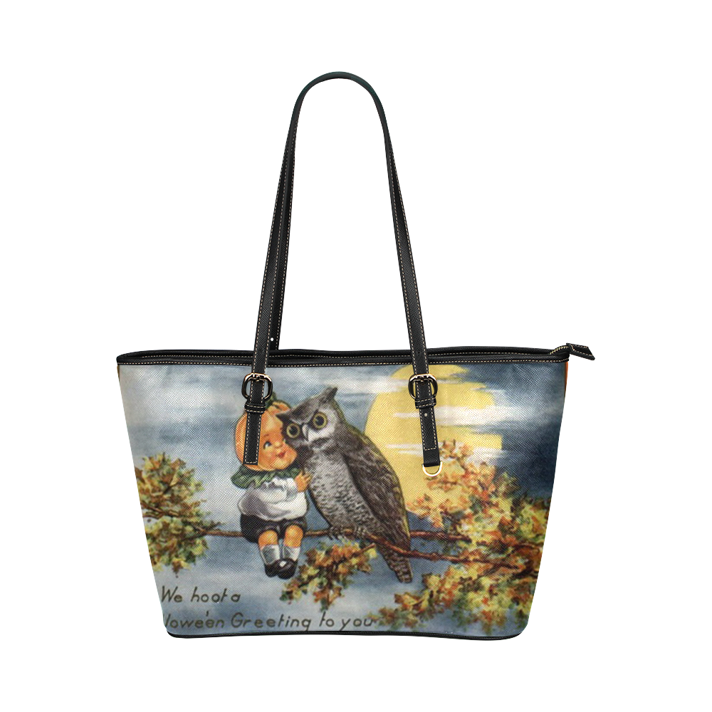 Pumpkin Owl Vintage Halloween Hoot Leather Tote Bag/Large (Model 1651)