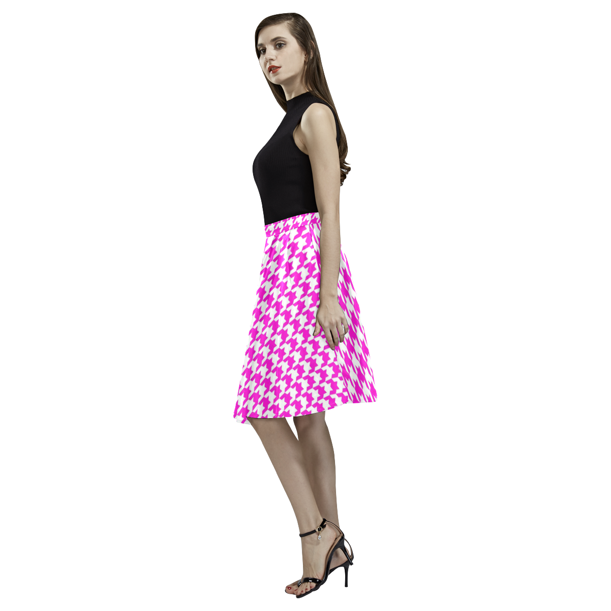 Friendly Houndstooth Pattern,pink by FeelGood Melete Pleated Midi Skirt (Model D15)