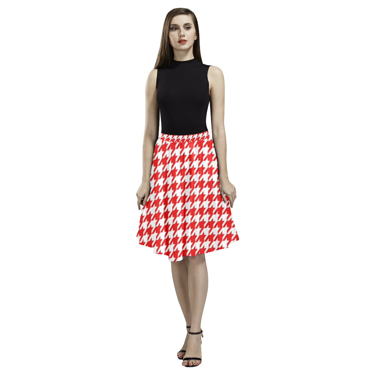 Friendly Houndstooth Pattern,red by FeelGood Melete Pleated Midi Skirt (Model D15)