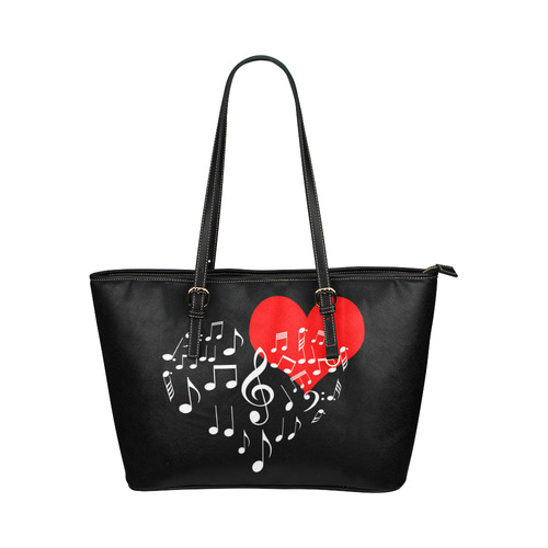 Singing Heart Red Note Music Love Romantic White Leather Tote Bag/Small (Model 1651)