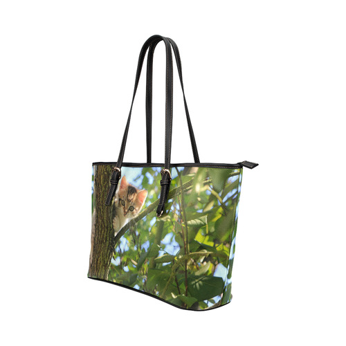 Cute Kitten In Tree Cat Nature Leather Tote Bag/Large (Model 1651)