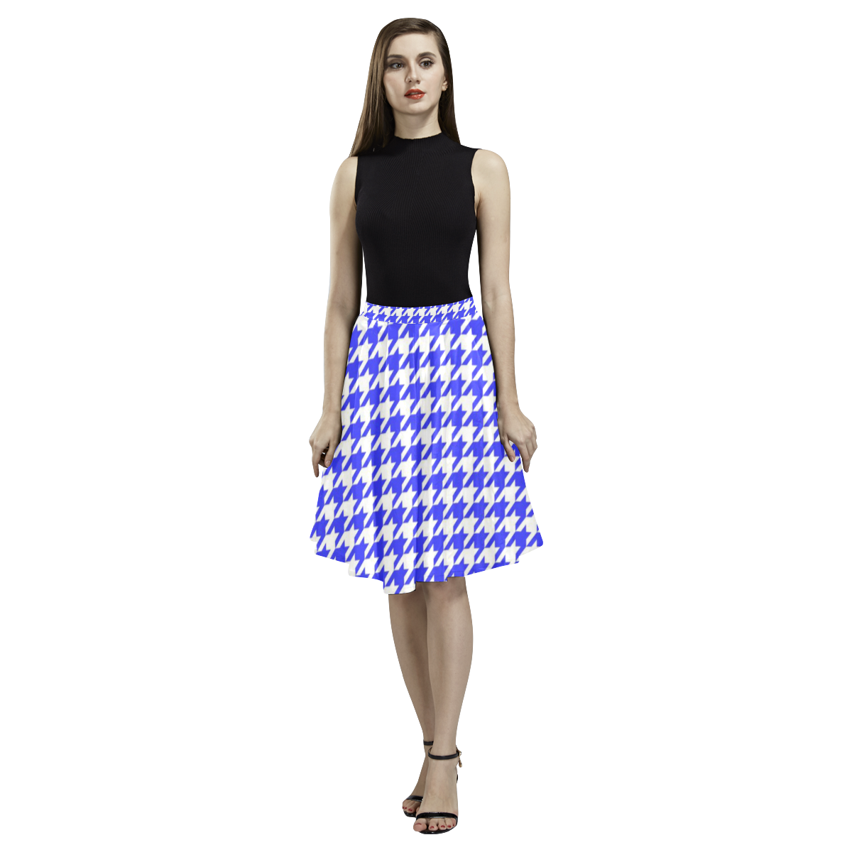 Friendly Houndstooth Pattern,blue by FeelGood Melete Pleated Midi Skirt (Model D15)