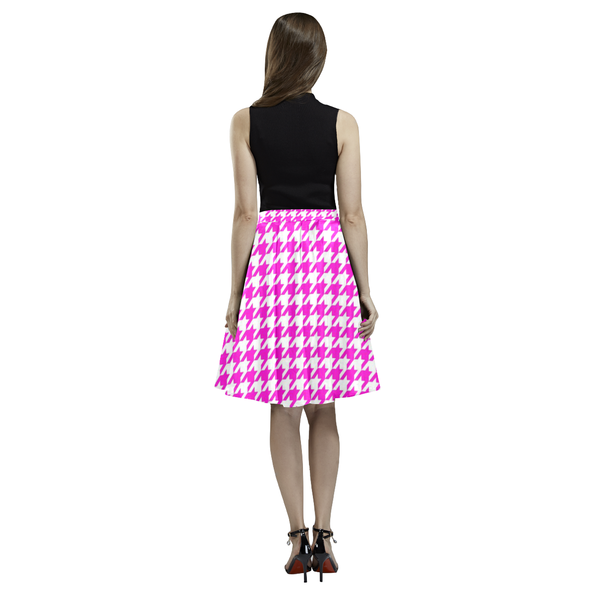 Friendly Houndstooth Pattern,pink by FeelGood Melete Pleated Midi Skirt (Model D15)
