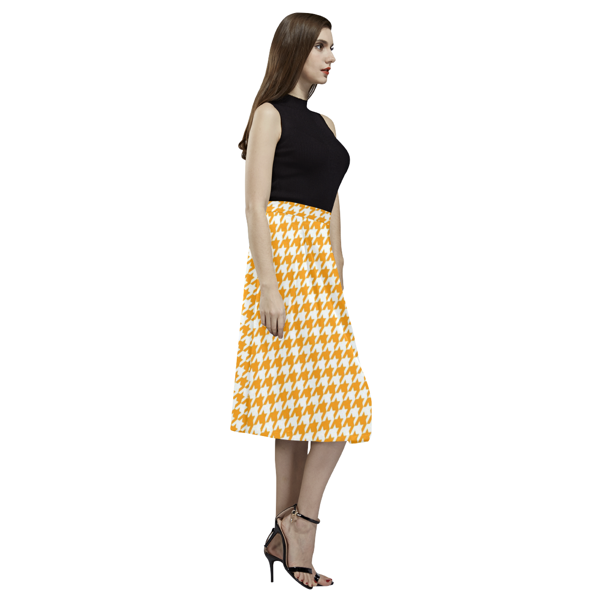 Friendly Houndstooth Pattern, orange by FeelGood Aoede Crepe Skirt (Model D16)
