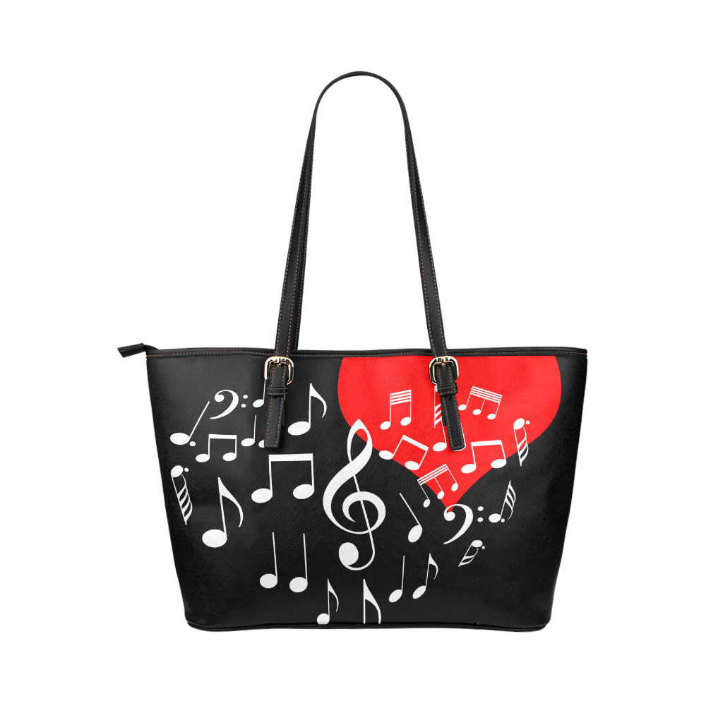 Singing Heart Red Note Music Love Romantic White Leather Tote Bag/Large (Model 1651)