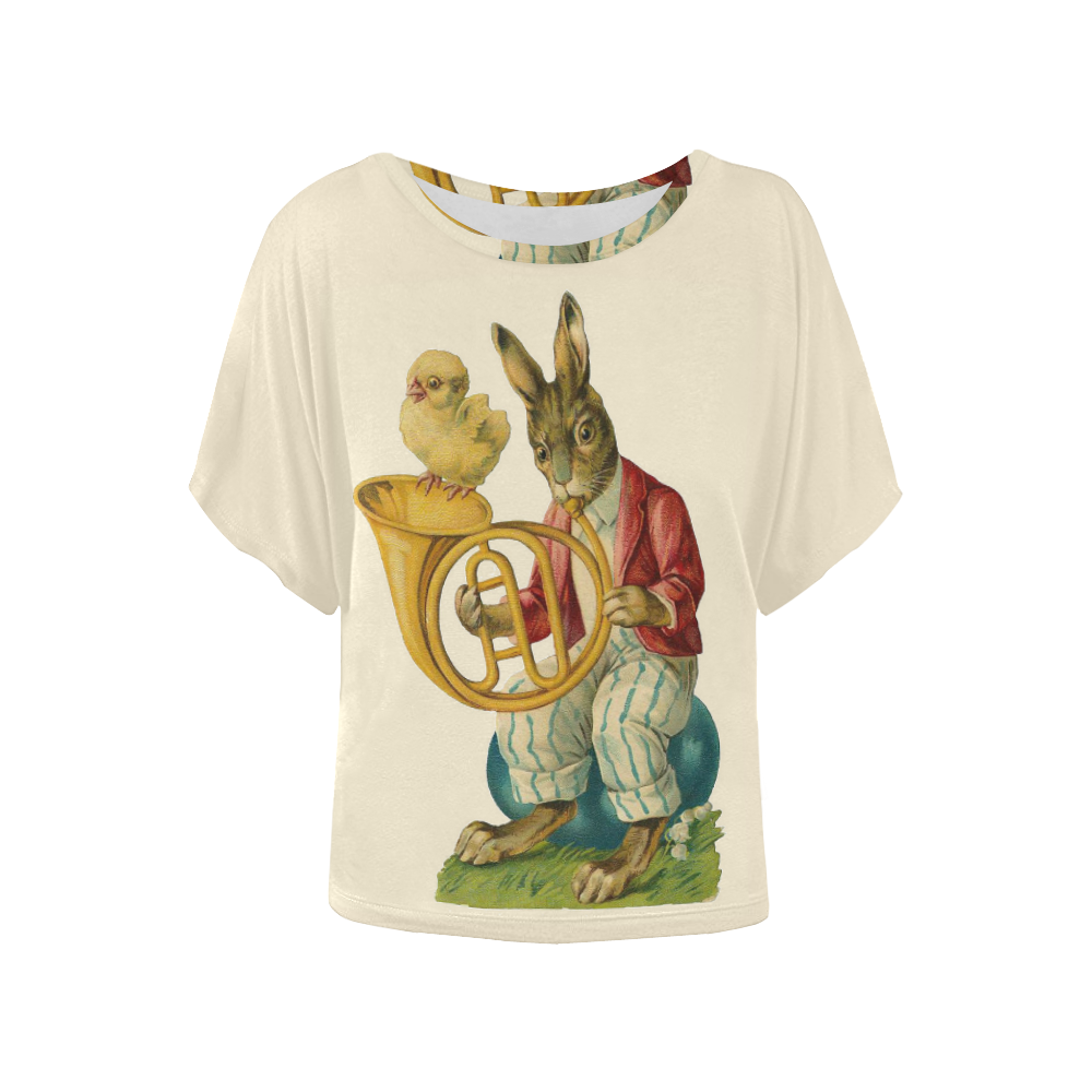 Vintage Easter Bunny Chick French Horn Women's Batwing-Sleeved Blouse T shirt (Model T44)