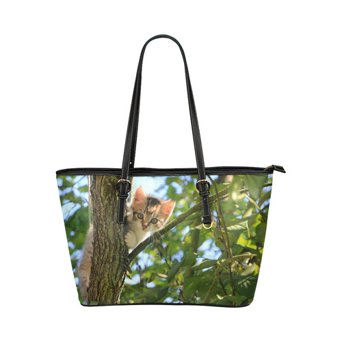 Cute Kitten In Tree Cat Nature Leather Tote Bag/Large (Model 1651)