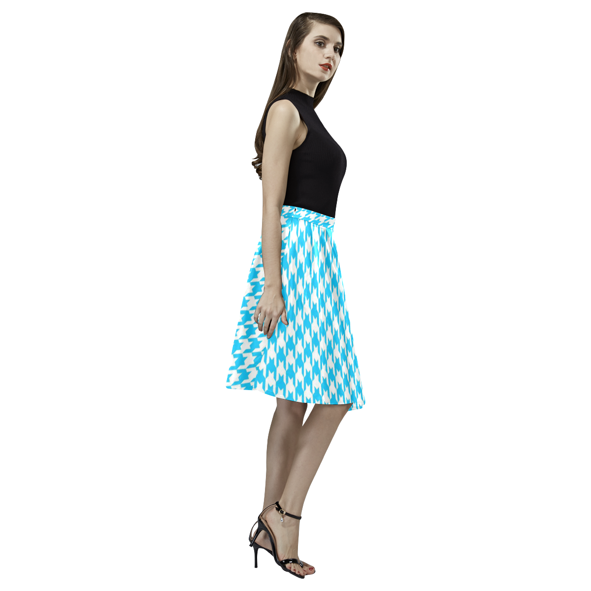 Friendly Houndstooth Pattern,aqua by FeelGood Melete Pleated Midi Skirt (Model D15)