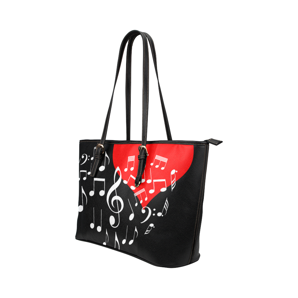 Singing Heart Red Note Music Love Romantic White Leather Tote Bag/Large (Model 1651)