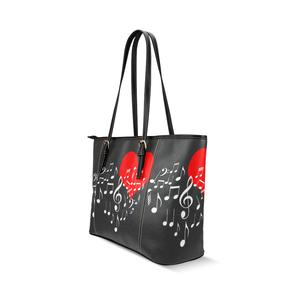 Singing Heart Red Note Music Love Romantic White Leather Tote Bag/Large (Model 1640)