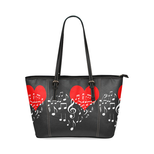 Singing Heart Red Note Music Love Romantic White Leather Tote Bag/Large (Model 1640)
