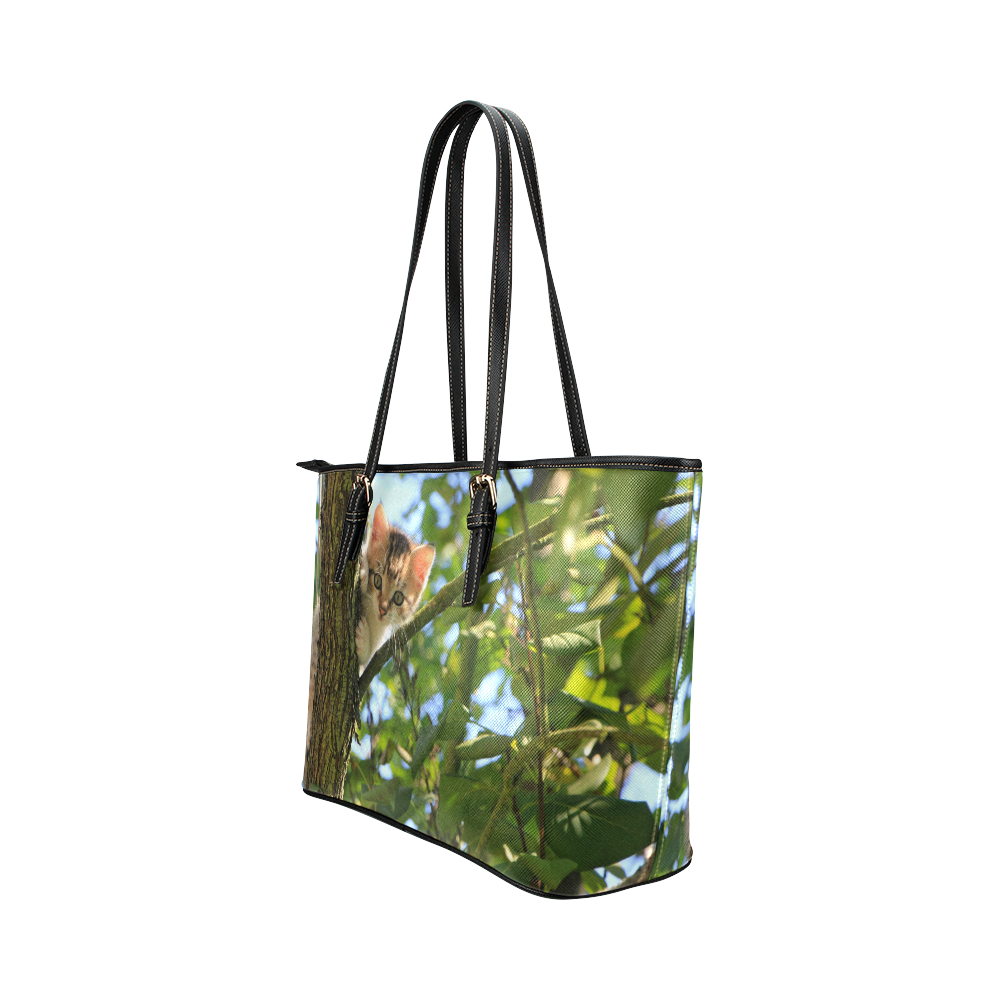 Cute Kitten In Tree Cat Nature Leather Tote Bag/Large (Model 1651)