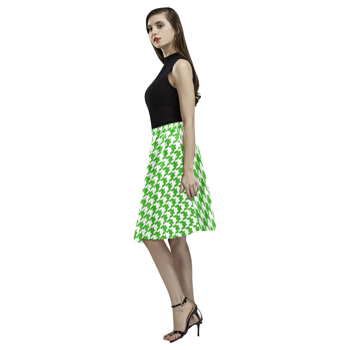 Friendly Houndstooth Pattern,green by FeelGood Melete Pleated Midi Skirt (Model D15)