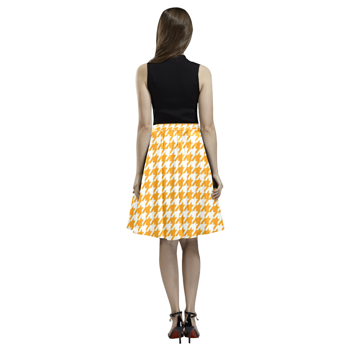 Friendly Houndstooth Pattern, orange by FeelGood Melete Pleated Midi Skirt (Model D15)