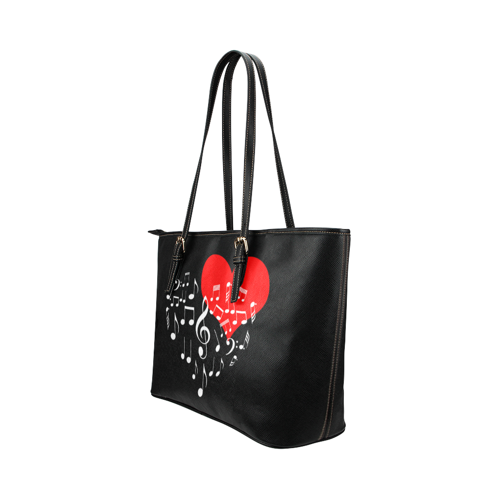 Singing Heart Red Note Music Love Romantic White Leather Tote Bag/Small (Model 1651)