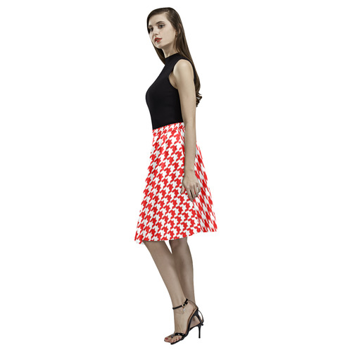 Friendly Houndstooth Pattern,red by FeelGood Melete Pleated Midi Skirt (Model D15)