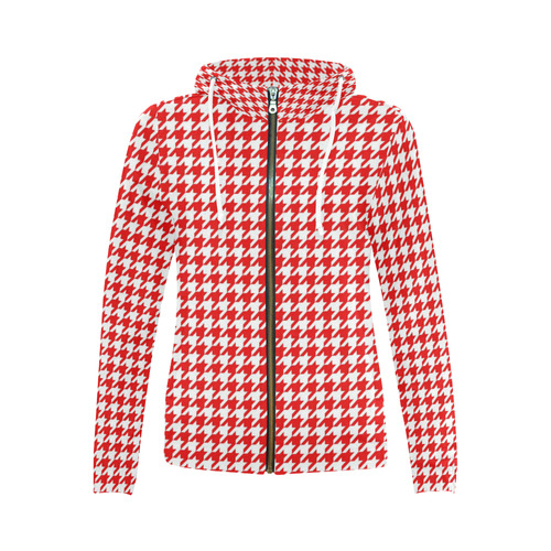 Friendly Houndstooth Pattern,red by FeelGood All Over Print Full Zip Hoodie for Women (Model H14)