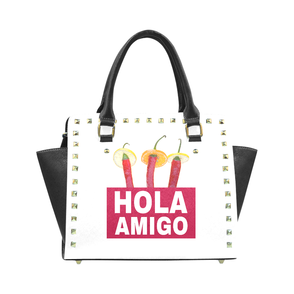 Hola Amigo Three Red Chili Peppers Friend Funny Rivet Shoulder Handbag (Model 1645)
