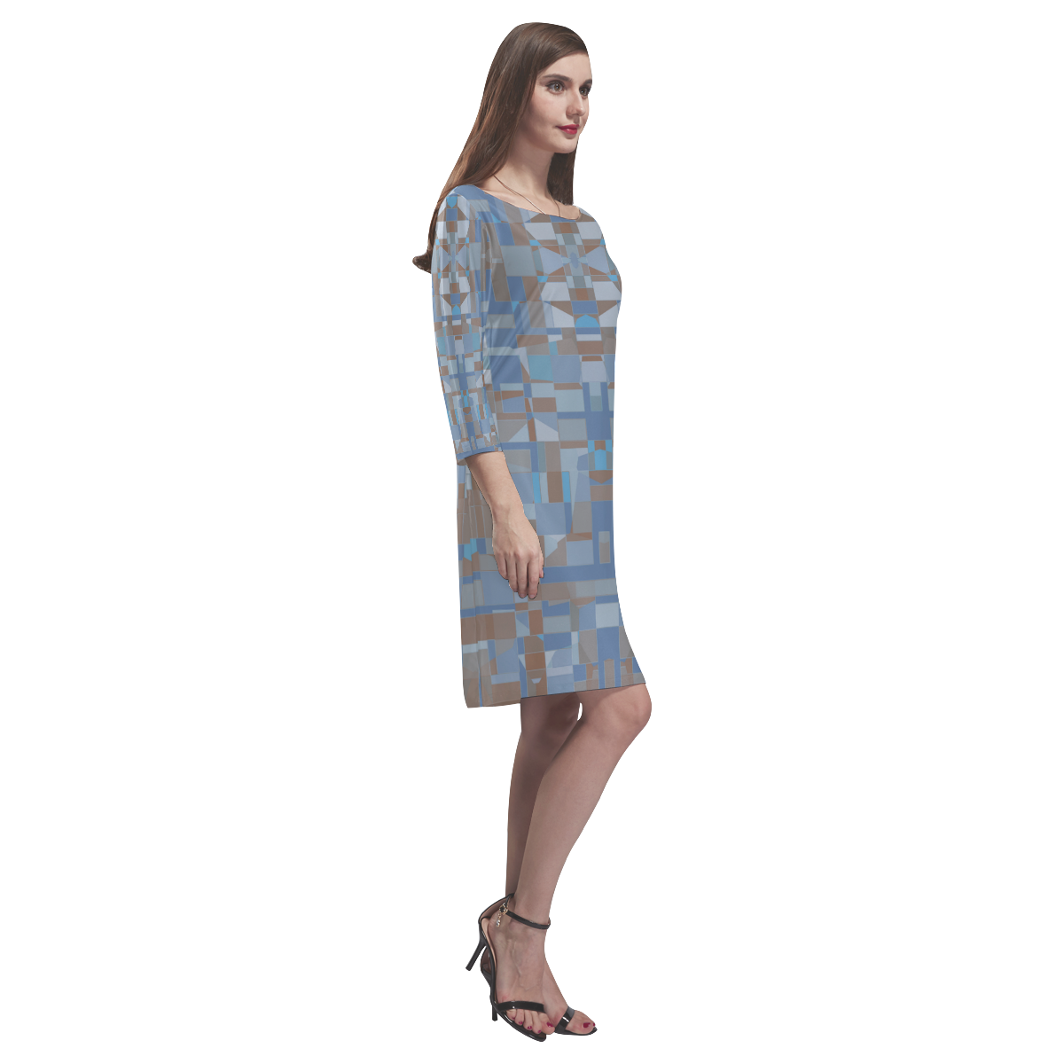 Artistic Geometric in Blue Gray and Brown Rhea Loose Round Neck Dress(Model D22)