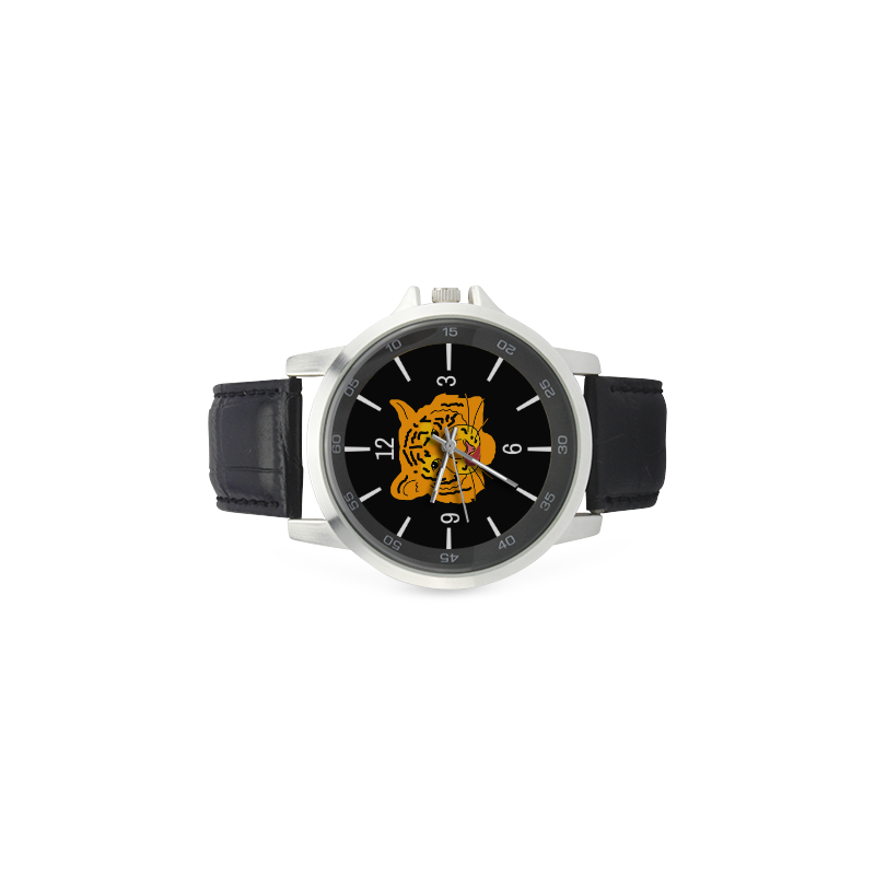Funny Clever Cunning Wild Tiger Cat Animal Cute Unisex Stainless Steel Leather Strap Watch(Model 202)