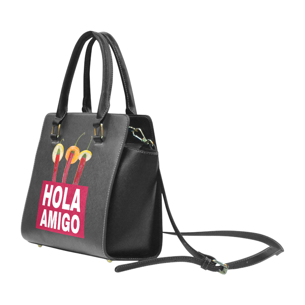 Hola Amigo Three Red Chili Peppers Friend Funny Rivet Shoulder Handbag (Model 1645)