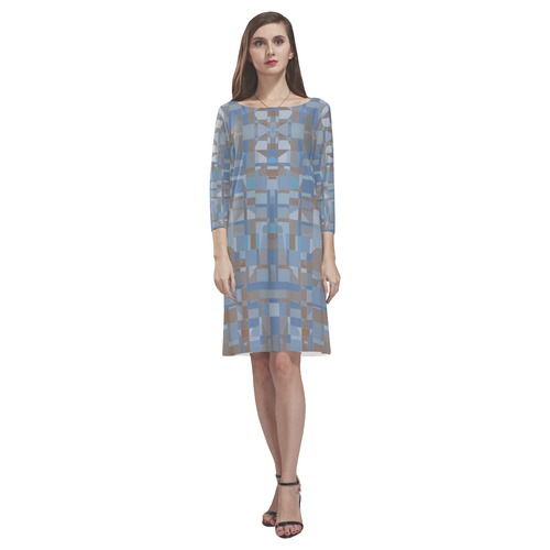 Artistic Geometric in Blue Gray and Brown Rhea Loose Round Neck Dress(Model D22)