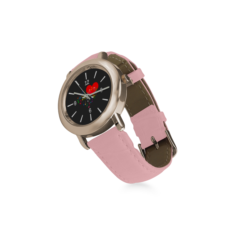 Singing Heart Red Song Color Music Love Romantic Women's Rose Gold Leather Strap Watch(Model 201)