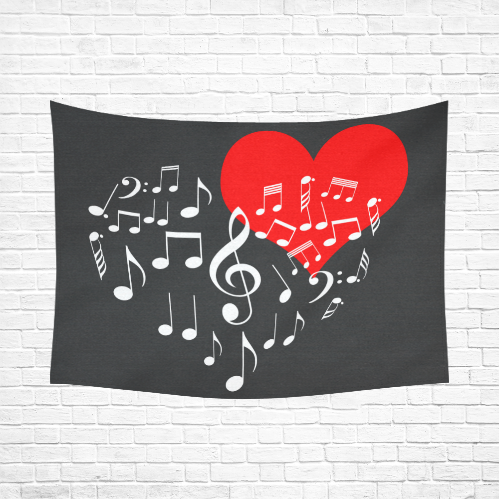 Singing Heart Red Note Music Love Romantic White Cotton Linen Wall Tapestry 80"x 60"