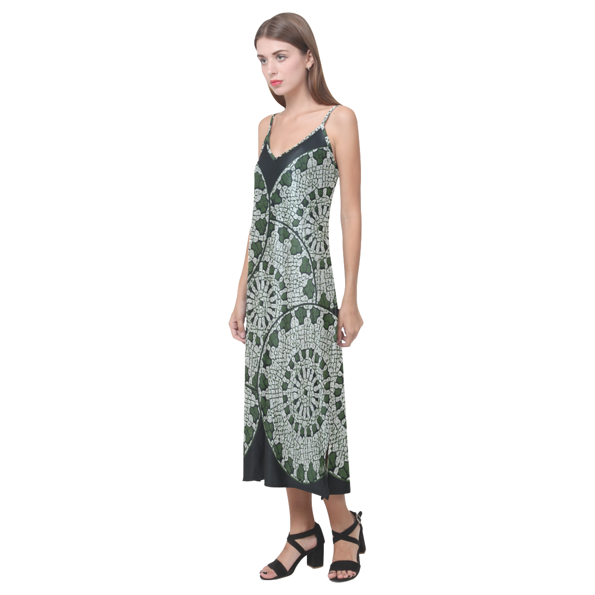 LACE DARK GREEN V-Neck Open Fork Long Dress(Model D18)