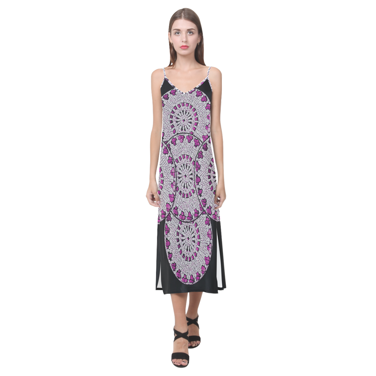 LACE ABSTRACT V-Neck Open Fork Long Dress(Model D18)