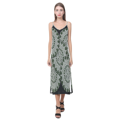 LACE DARK GREEN V-Neck Open Fork Long Dress(Model D18)