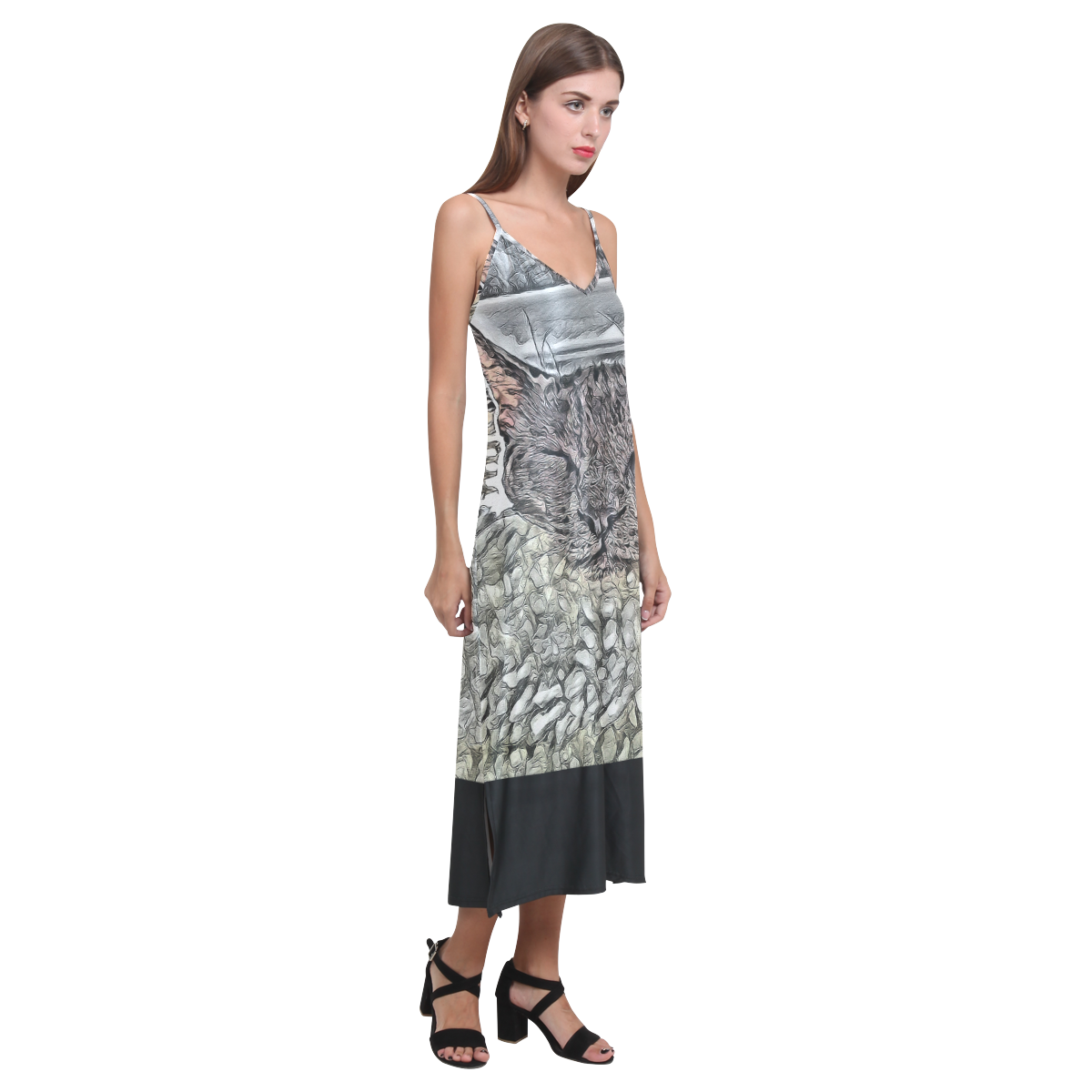 SLEEPING CAT V-Neck Open Fork Long Dress(Model D18)