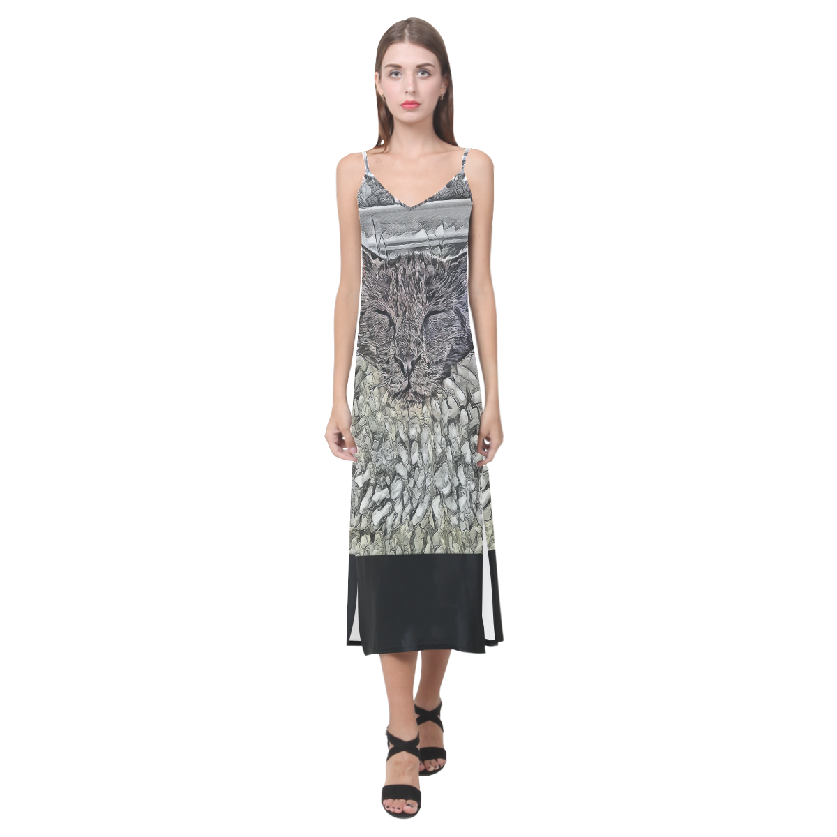 SLEEPING CAT V-Neck Open Fork Long Dress(Model D18)