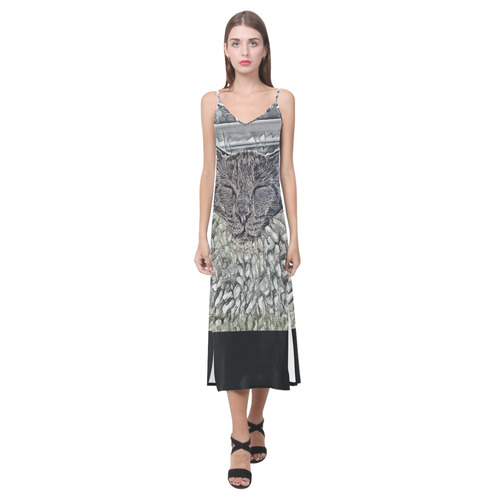 SLEEPING CAT V-Neck Open Fork Long Dress(Model D18)