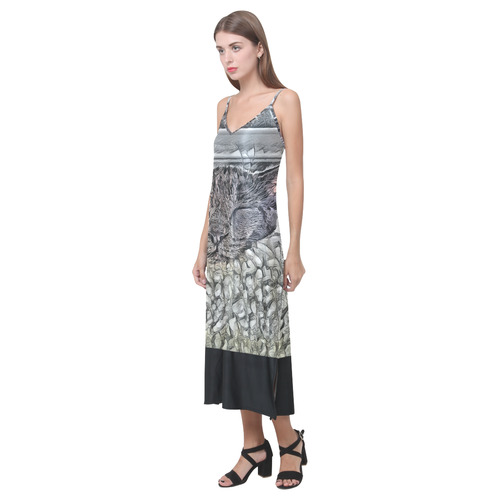 SLEEPING CAT V-Neck Open Fork Long Dress(Model D18)