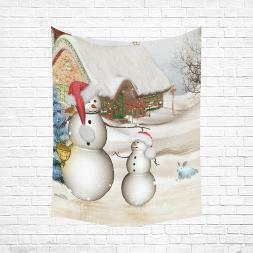 Christmas, Funny snowman with hat Cotton Linen Wall Tapestry 60"x 80"