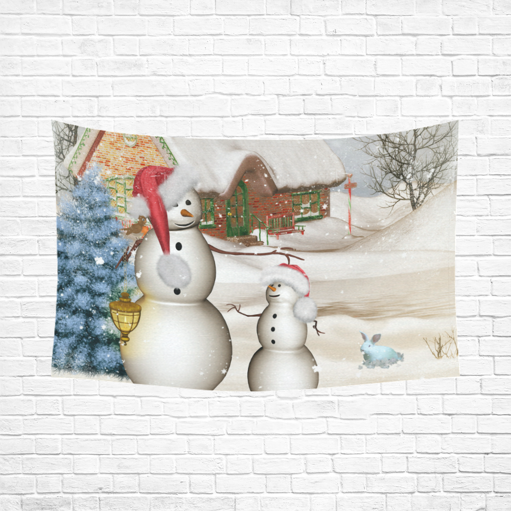 Christmas, Funny snowman with hat Cotton Linen Wall Tapestry 90"x 60"