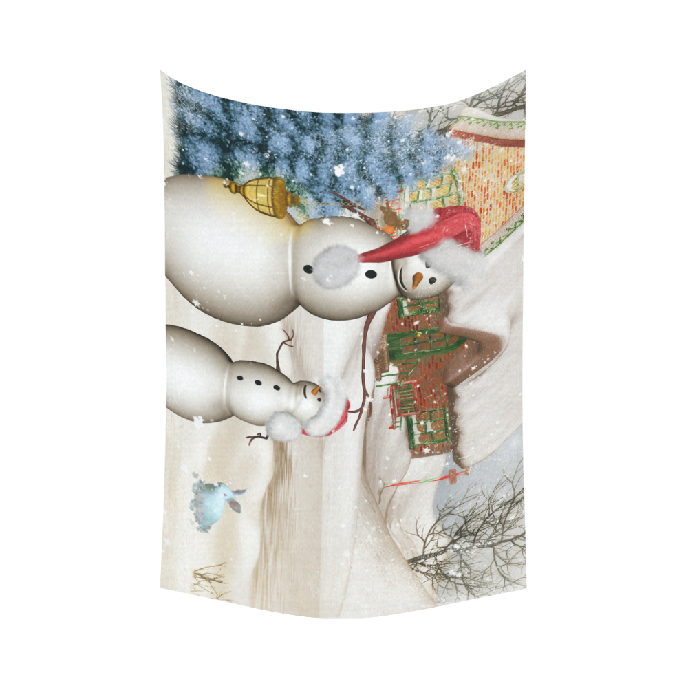 Christmas, Funny snowman with hat Cotton Linen Wall Tapestry 90"x 60"